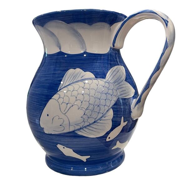 Jay Willfred Andrea by Sadek Pitcher Vase Blue & White Fish Hand Painted Asian - Picture 2 of 8
